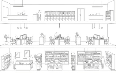 Three-level office and retail interior line drawing, workspace with desks, storage shelves, reception area, modern layout, shopping section display

 flat vector illustration