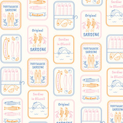 Seamless pattern with hand drawn sardine tin labels. Mediterranean vintage background. Marine coastal wallpaper with canned fish, Portuguese seafood, olive oil sardines, and retro packaging. 