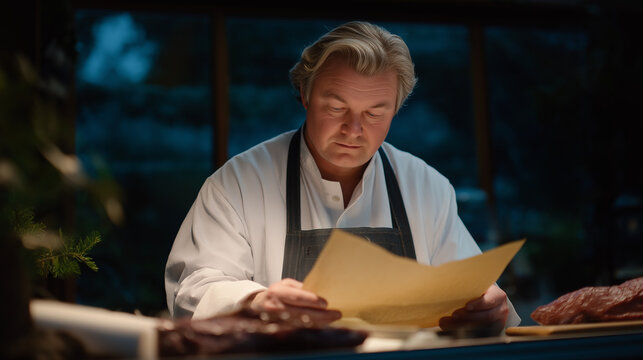 Butcher Wrapping Meat with Stamp and Paper in Soft Ambient Light - Powered by Adobe