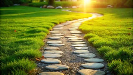 Obraz premium Serene Sunset Stroll Along a Gently Winding Stone Path Through Lush Green Grass