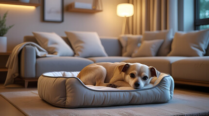 Obraz premium A cute little dog lies on his couch in a bright, cozy room in the evening.