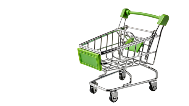 A vibrant green shopping cart sits against a stark black backdrop, emphasizing consumerism and retail concepts in an appealing miniature format.