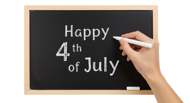 Hand writing Happy Fourth of July on chalkboard with chalk