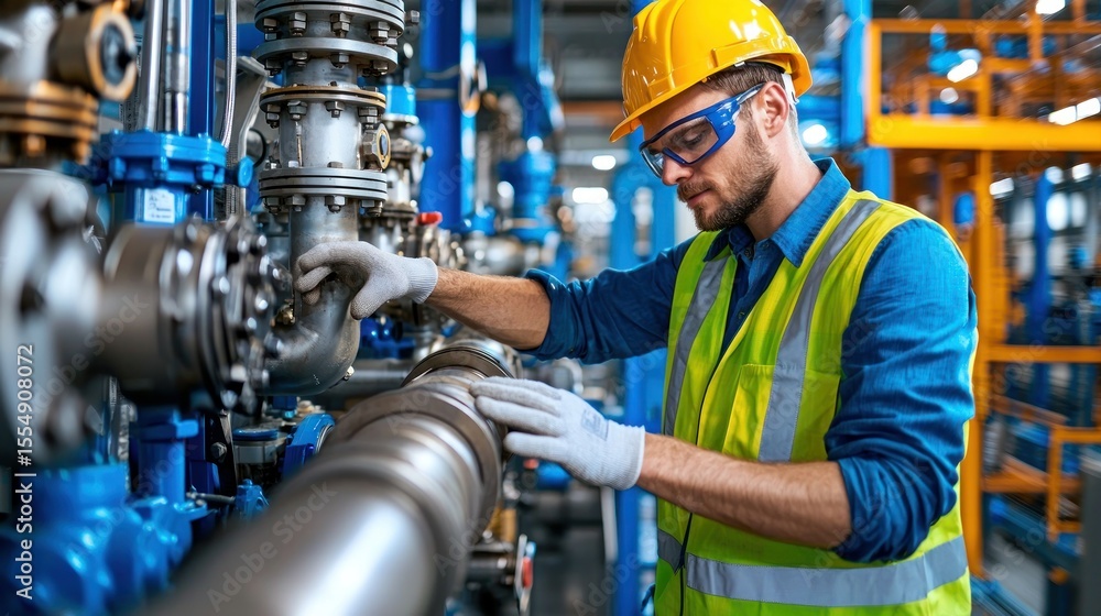 Aufkleber worker checks complex pipework in factory