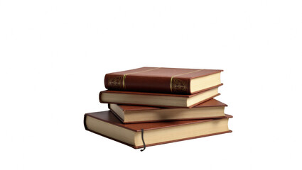 Stacked brown hardcover books on a white background  