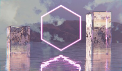Neon glowing hexagon frame floating on the water surface, sea water, 3D illustration