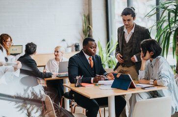 Business people collaborating during a meeting in a vibrant cafe, showcasing teamwork, creativity,...