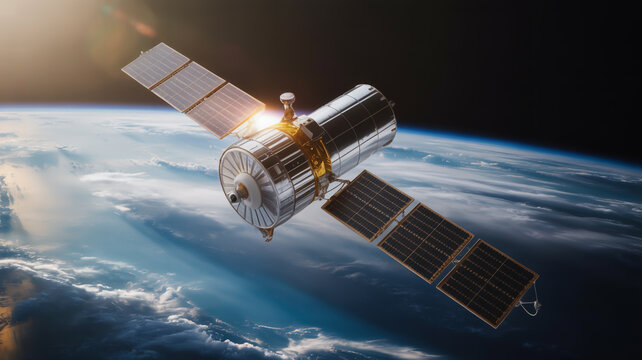 Satellite orbiting earth with solar panels extended reflecting sunlight in outer space view from orbit