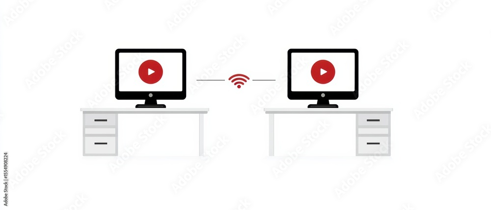 Poster two computer monitors on separate desks display play icons, connected wirelessly, symbolizing media 