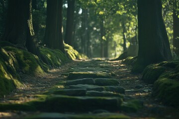Obraz premium Sunlit stone pathway through a lush forest. Sunlight filters through the trees
