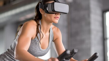 A woman wearing a virtual reality headset is exercising on a stationary bike in the modern gym - fitness technology concept - Powered by Adobe