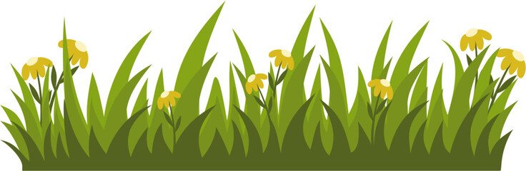 Green Grass and Flowers Vector Illustration - Nature Landscape Clipart for Spring and Summer Design