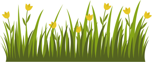 Green Grass and Flowers Vector Illustration - Nature Landscape Clipart for Spring and Summer Design
