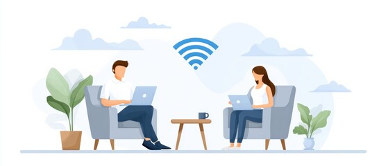 Two people using laptops, sitting on armchairs with plants nearby, connected by a Wi-Fi symbol, indicating wireless internet work or communication.
