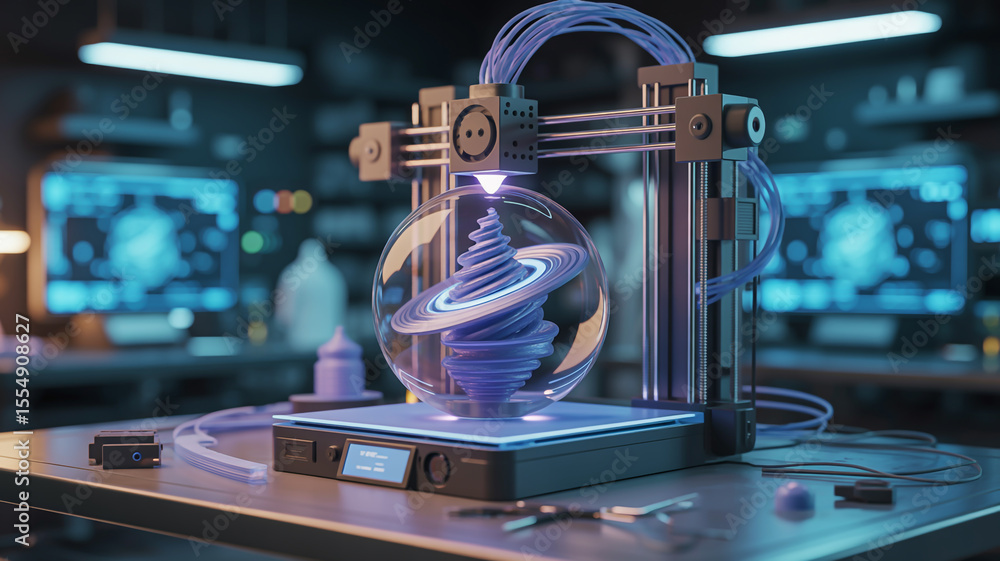 Poster a futuristic scene showcasing a d printer creating a spiral structure inside a clear sphere on a tab