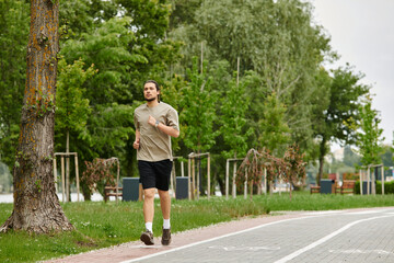 Fototapeta premium Sporty young man jogging outdoors in a lush green park setting
