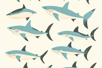A soft, retro-themed design of small sharks in a low-contrast color scheme, giving off a classic and nostalgic atmosphere