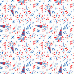 Bright seamless vector pattern with festive elements: red and blue party poppers, confetti, musical notes, stars and fireworks on white. Joyful background for holiday designs, gift wrap or textiles.