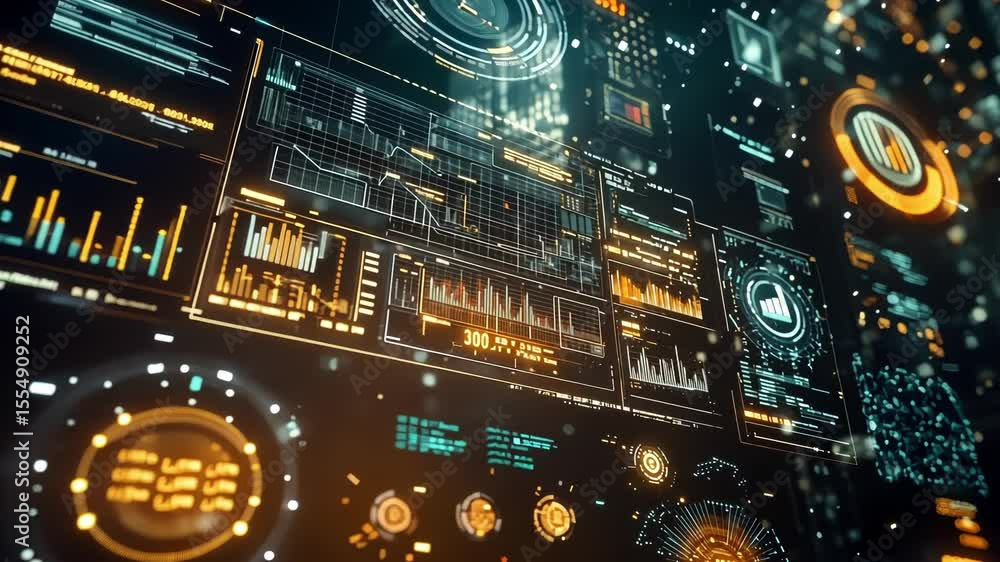 Poster futuristic heads up display - hud - interface showing complex data analysis, processing information,