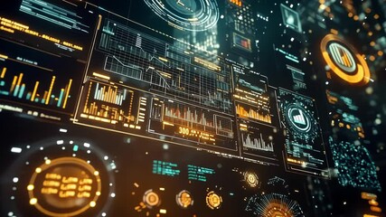 Futuristic heads up display - hud - interface showing complex data analysis, processing information, and displaying various charts, graphs, and metrics in a dynamic and visually engaging manner - Powered by Adobe