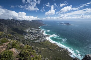 Coastal city panorama from mountaintop, sunny sky (1)