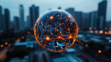 Futuristic digital globe with interconnected network overlays over cityscape background representing technology and innovation