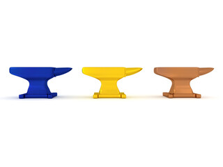 3D Rendering of three colored anvils