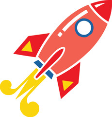 A cartoon rocket with red and orange colors is taking off against a plain white background illustration
