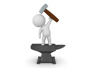 3D Character standing on top of an anvil with hammer in his hand