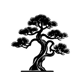 Black and white bonsai tree silhouette, vector illustration.  Elegant Japanese style design element.