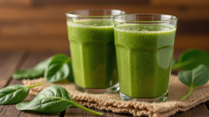 Fresh green smoothie in glasses, healthy drink with spinach, nutritious beverage, vibrant color, wooden background, natural ingredients, wellness