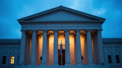 Obraz premium Majestic building with columns, illuminated at dusk, featuring American flag in front, symbolizing governance and justice