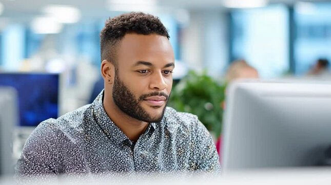 A male employee is working on a computer at his desk in a corporate office to showcase productivity while return to work mandates are in place
