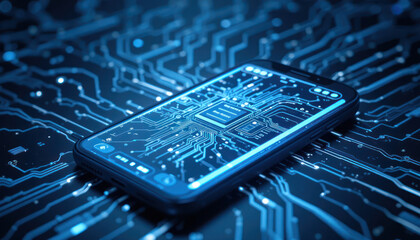 A smartphone displaying circuit board design, integrated with digital technology.