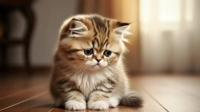 Sad fluffy kitten with big eyes and tears sitting wooden floor, soft light, adorable and emotional atmosphere, cute pet animal indoor scene, sad kitten fluffy fur big eyes sitting wooden floor