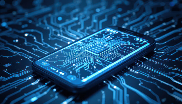 A smartphone displaying circuit board design, integrated with digital technology.