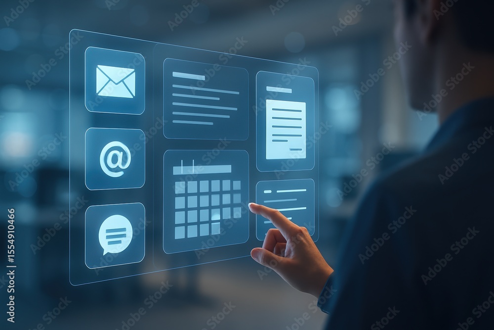 Aufkleber man touching interface screen with email calendar document message icons app
