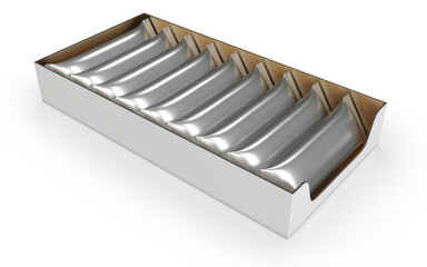 Realistic silver sachet display box on white background. 3d illustration
