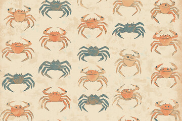 Aged vintage pattern with a retro feel, featuring a subtle low-contrast arrangement of tiny crabs