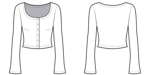 Round Neck Button Down Long Sleeve Shirt with Flared Sleeves- Crop Shirt -Slim Fit- Front and Back View- Flat Vector Illustration © Line_Studio