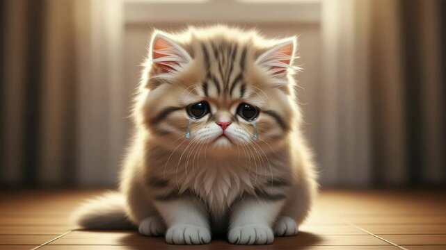 Sad tabby kitten with teary eyes and fluffy fur sits on wooden floor, emotional and adorable cat scene with cute crying kitten, soft sunlight, teary blue eyes, and heartwarming, emotional atmosphere