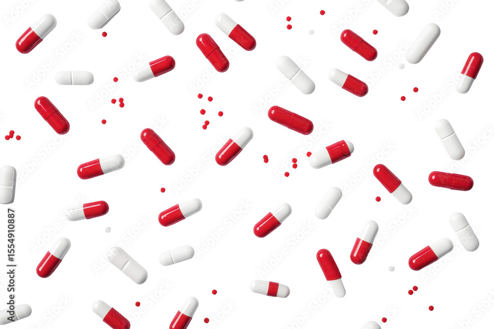 Poster capsules scattered on a white background create a vibrant display of color and texture highlighting 