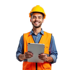 Young smiling male construction worker holding tablet wearing construction vest and yellow construction safety helmet isolated on transparent background