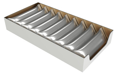 Realistic silver sachet display box. 3d illustration transparent background