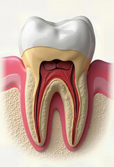 A clear dental illustration displaying the anatomical cross-section of a healthy molar tooth, showing the enamel, dentin, pulp, and root canals for education.
