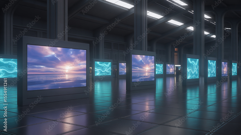 Poster interior view of a futuristic hall with screens displaying ocean and energy patterns artfully arrang