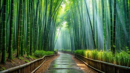 Fototapeta premium Serene Path Through a Lush Bamboo Forest, Bathed in Sunlight Filtering Through the Dense Canopy, Creating a Mystical and Tranquil Atmosphere