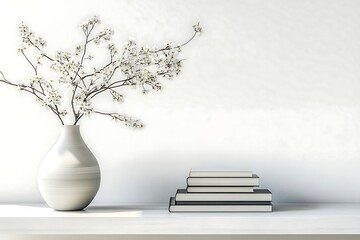 Elegant home decor featuring white flowers in vase and stack of books on shelf