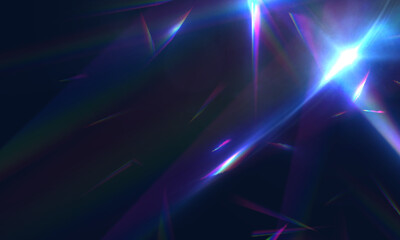 Rainbow and prismatic refraction of bright light reflections. Holographic reflections on a dark background.
