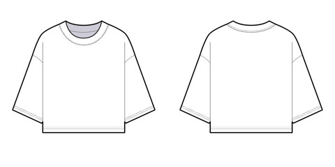 Crop Boxy T-shirt Baggy Shirt Crew-neck- Front and Back View- Flat Vector Illustration-CAD Mock-up 